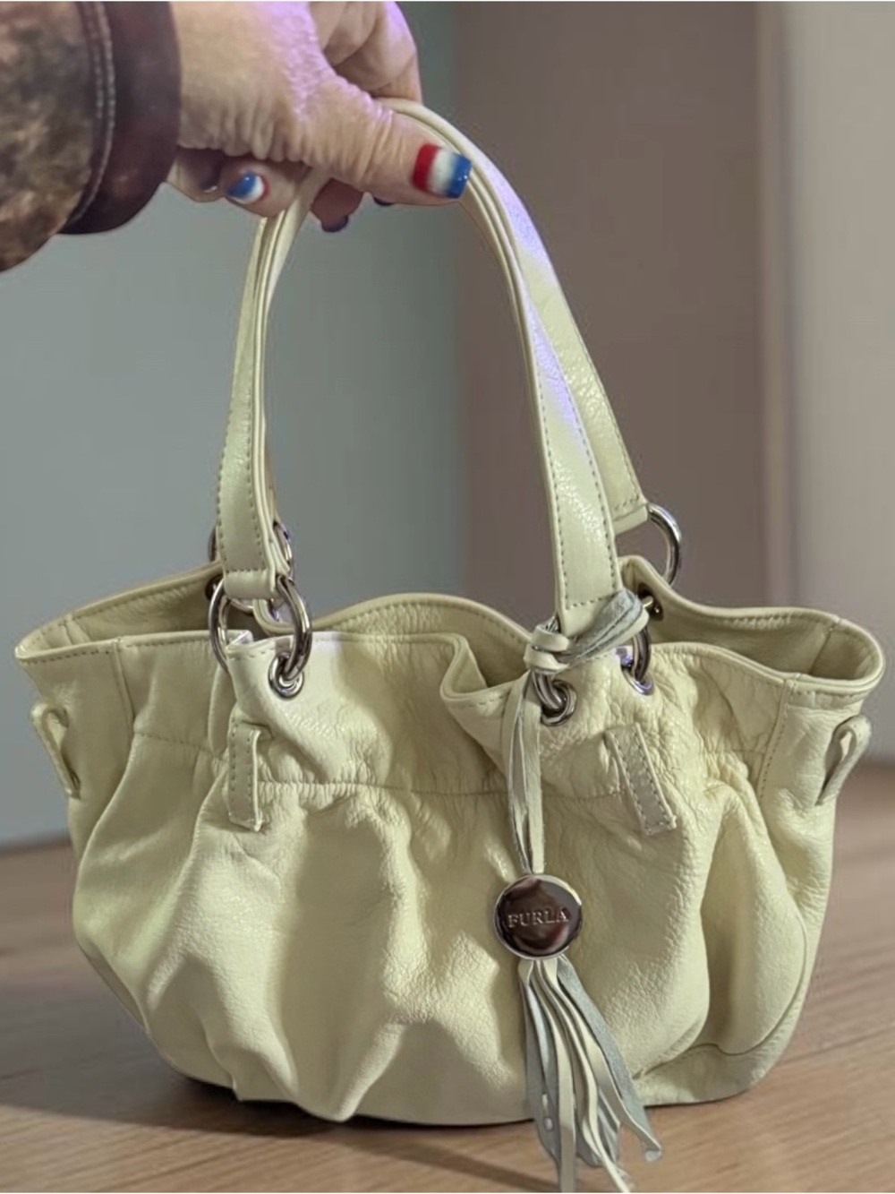 Furla Pale Yellow/Cream Leather Shoulder Bag with Tassel. Soft Supple Leather